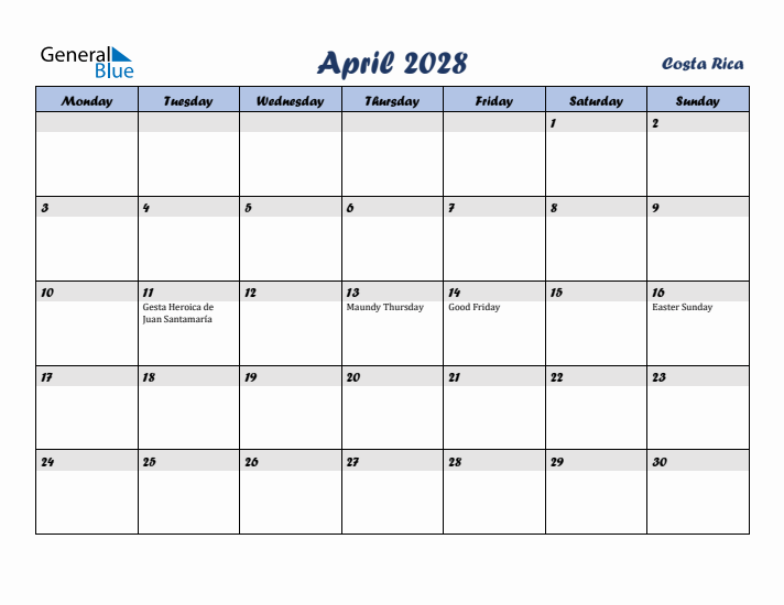 April 2028 Calendar with Holidays in Costa Rica