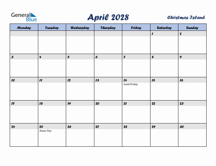 April 2028 Calendar with Holidays in Christmas Island