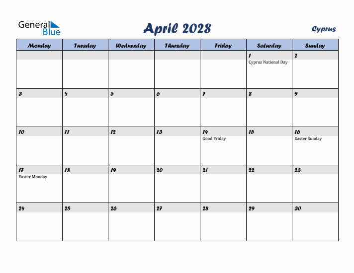 April 2028 Calendar with Holidays in Cyprus