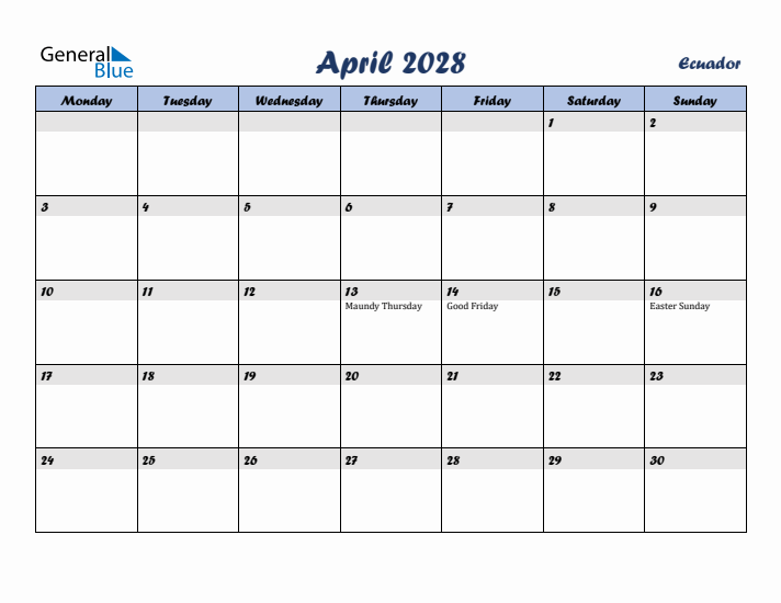 April 2028 Calendar with Holidays in Ecuador