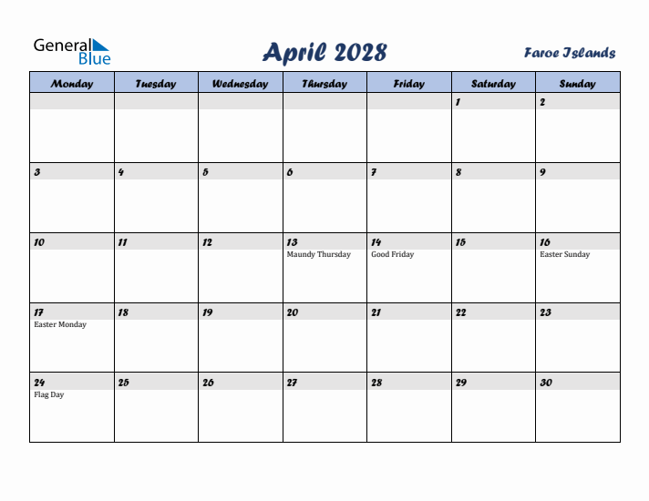 April 2028 Calendar with Holidays in Faroe Islands