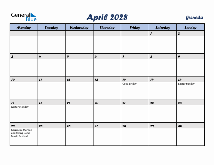 April 2028 Calendar with Holidays in Grenada