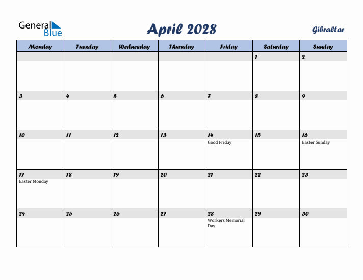 April 2028 Calendar with Holidays in Gibraltar