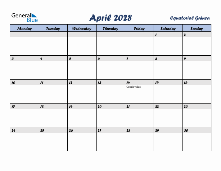 April 2028 Calendar with Holidays in Equatorial Guinea