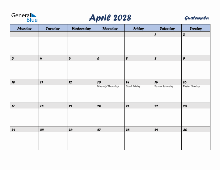April 2028 Calendar with Holidays in Guatemala