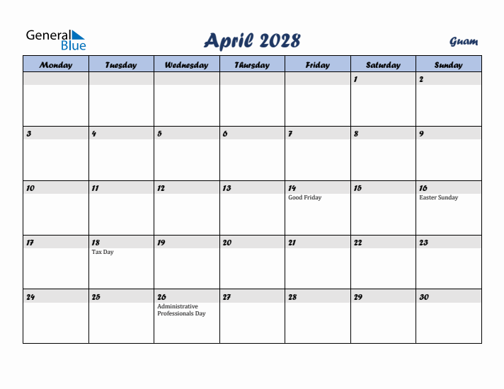 April 2028 Calendar with Holidays in Guam