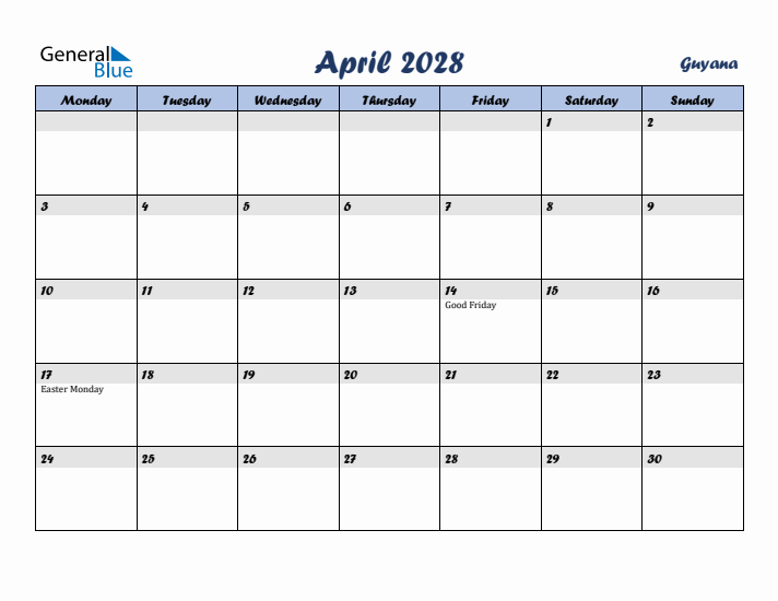 April 2028 Calendar with Holidays in Guyana