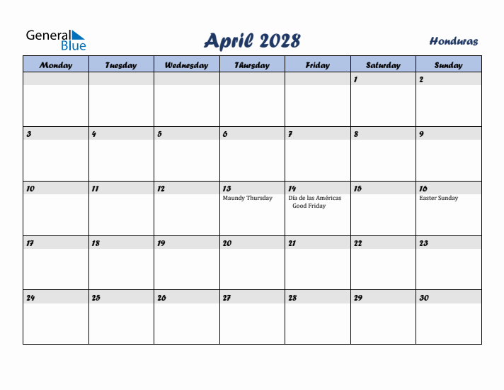 April 2028 Calendar with Holidays in Honduras