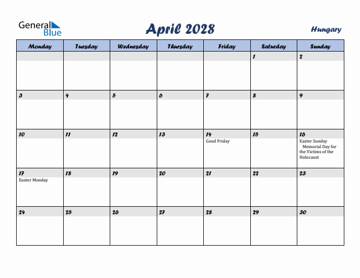 April 2028 Calendar with Holidays in Hungary