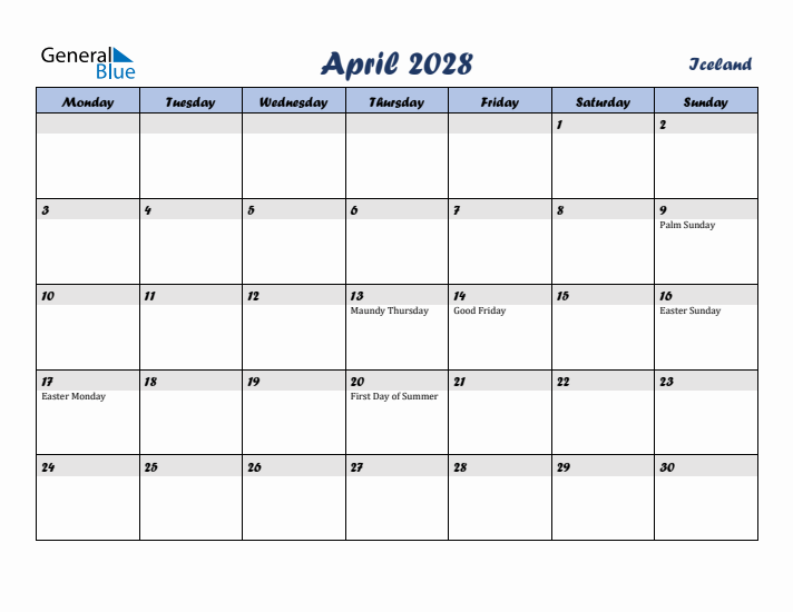 April 2028 Calendar with Holidays in Iceland