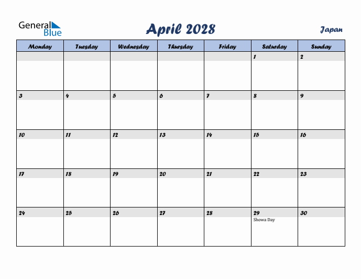 April 2028 Calendar with Holidays in Japan