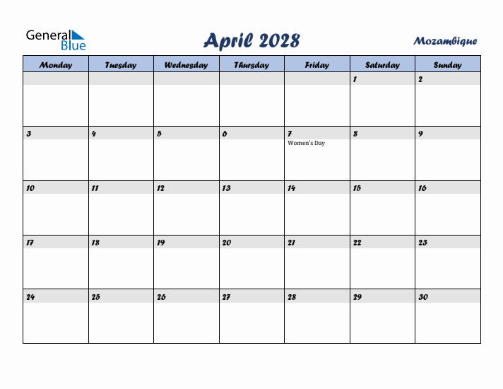 April 2028 Calendar with Holidays in Mozambique
