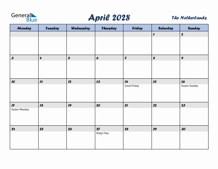 April 2028 Calendar with Holidays in The Netherlands