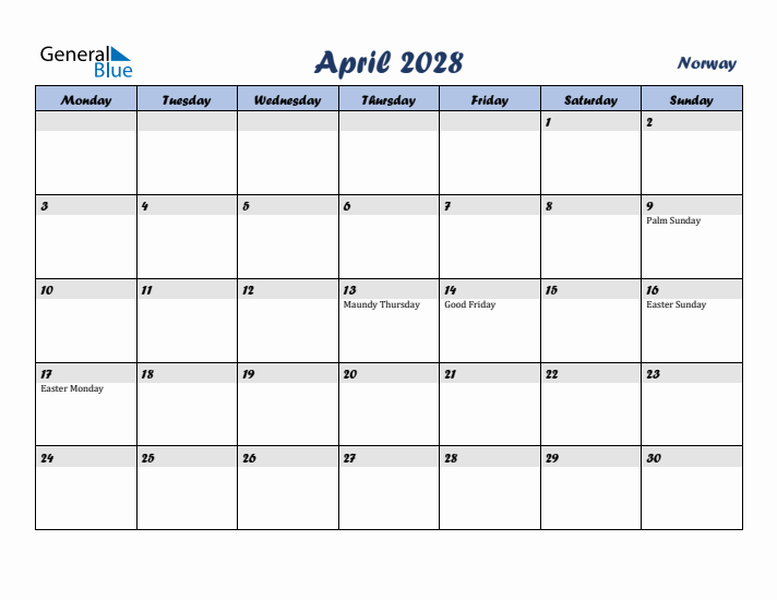 April 2028 Calendar with Holidays in Norway
