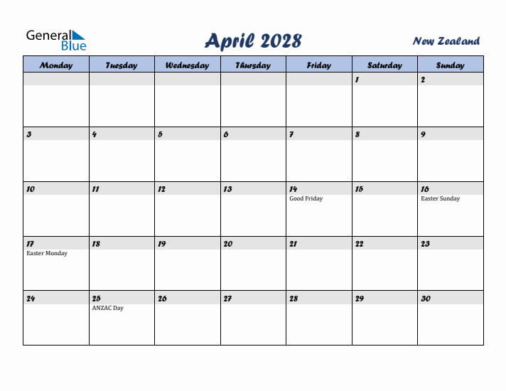April 2028 Calendar with Holidays in New Zealand