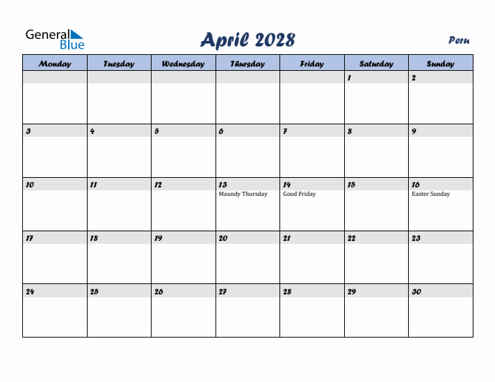April 2028 Calendar with Holidays in Peru
