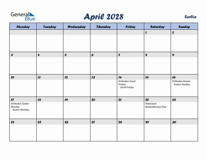 April 2028 Calendar with Holidays in Serbia