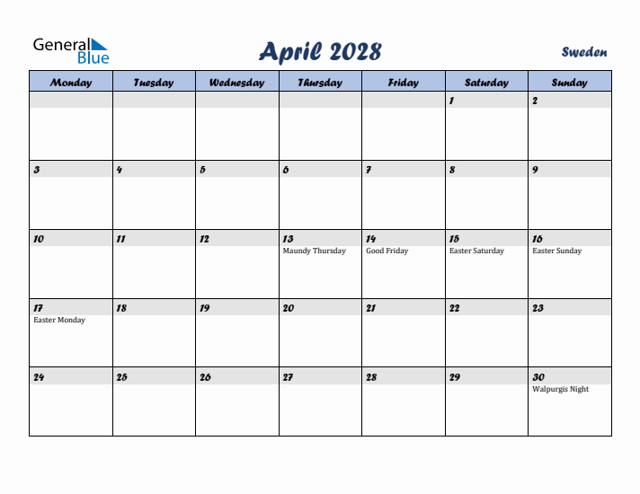 April 2028 Calendar with Holidays in Sweden