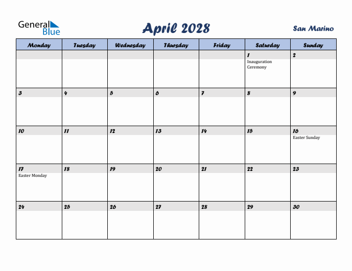 April 2028 Calendar with Holidays in San Marino