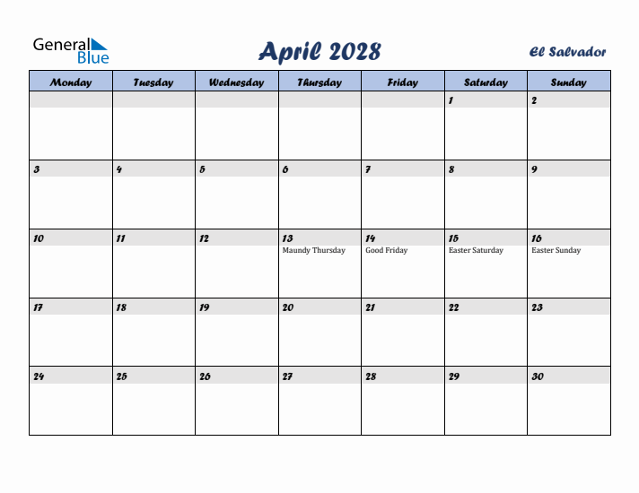 April 2028 Calendar with Holidays in El Salvador
