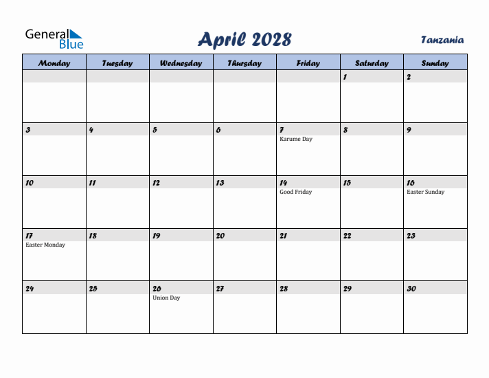 April 2028 Calendar with Holidays in Tanzania