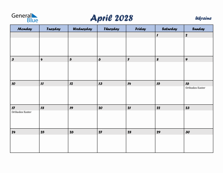 April 2028 Calendar with Holidays in Ukraine