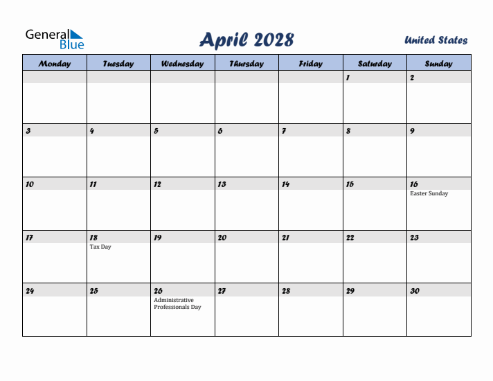 April 2028 Calendar with Holidays in United States