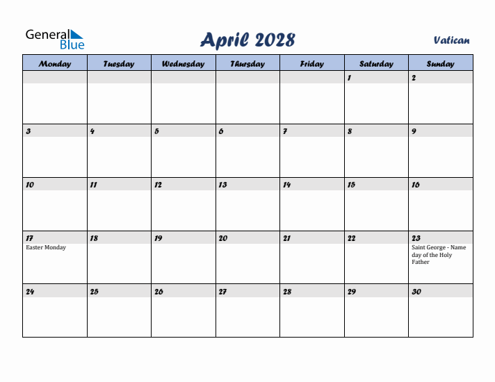 April 2028 Calendar with Holidays in Vatican