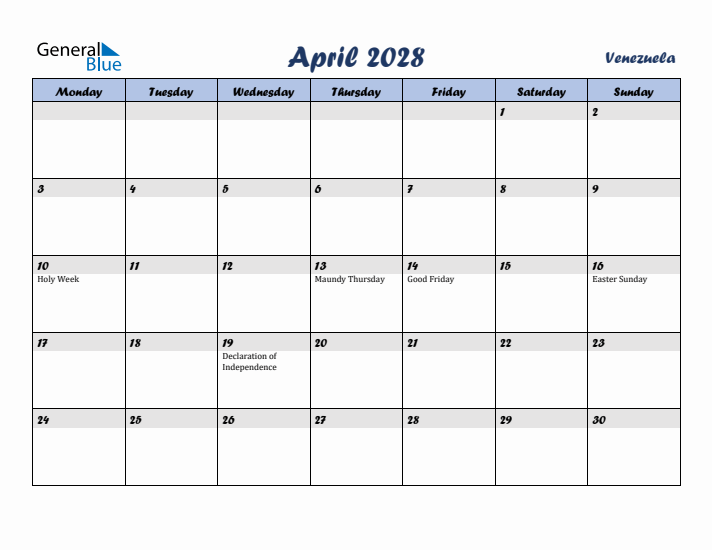 April 2028 Calendar with Holidays in Venezuela