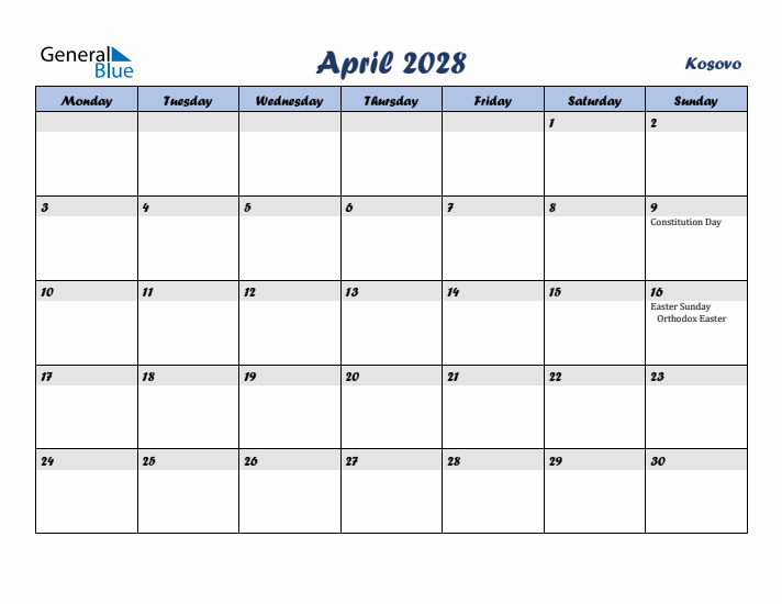 April 2028 Calendar with Holidays in Kosovo