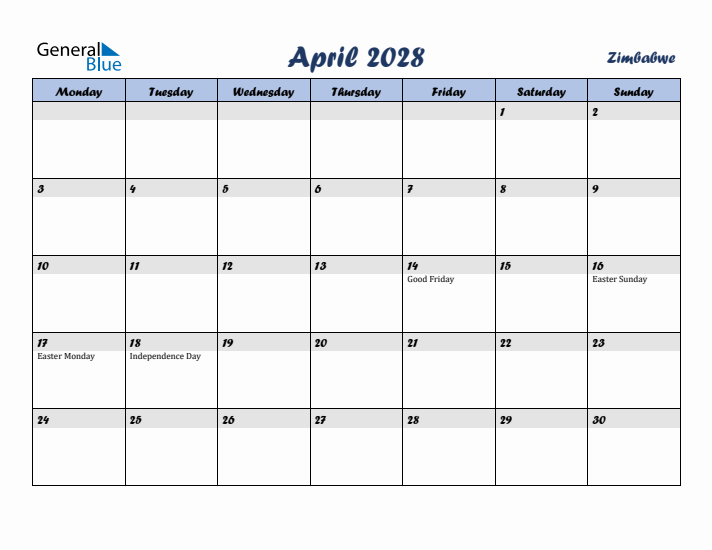 April 2028 Calendar with Holidays in Zimbabwe