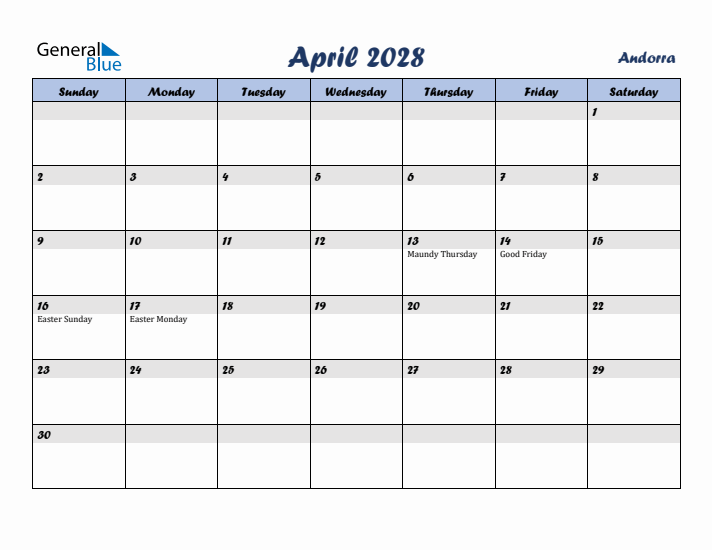 April 2028 Calendar with Holidays in Andorra