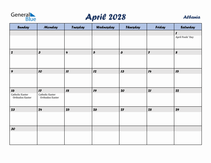 April 2028 Calendar with Holidays in Albania