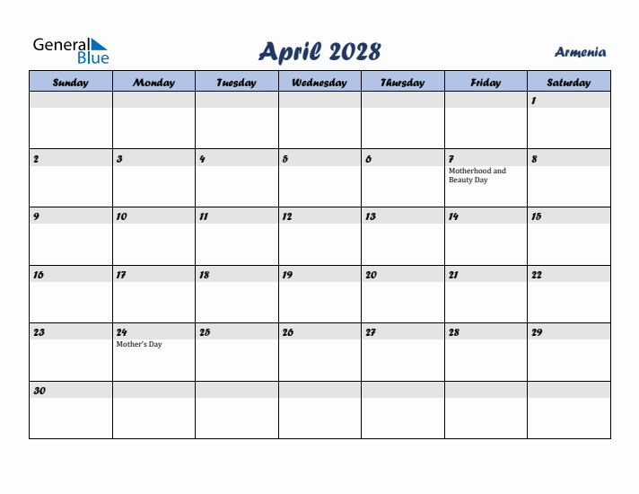 April 2028 Calendar with Holidays in Armenia