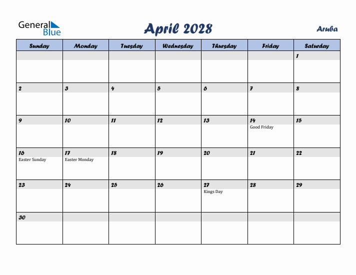 April 2028 Calendar with Holidays in Aruba
