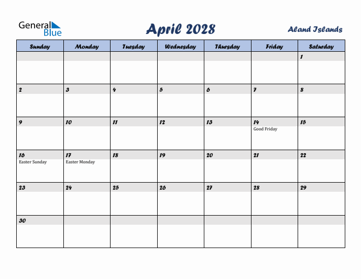 April 2028 Calendar with Holidays in Aland Islands