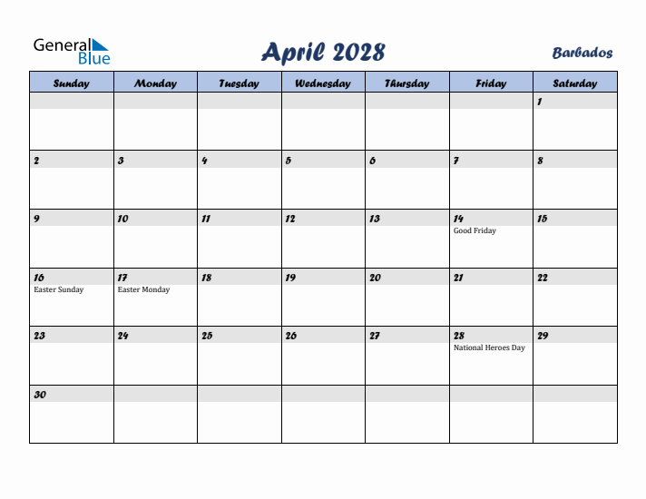 April 2028 Calendar with Holidays in Barbados