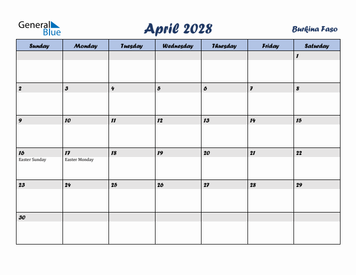April 2028 Calendar with Holidays in Burkina Faso