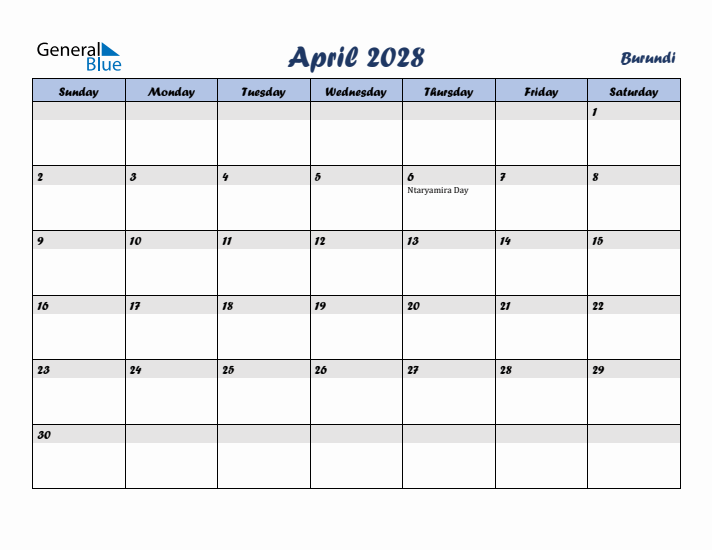 April 2028 Calendar with Holidays in Burundi