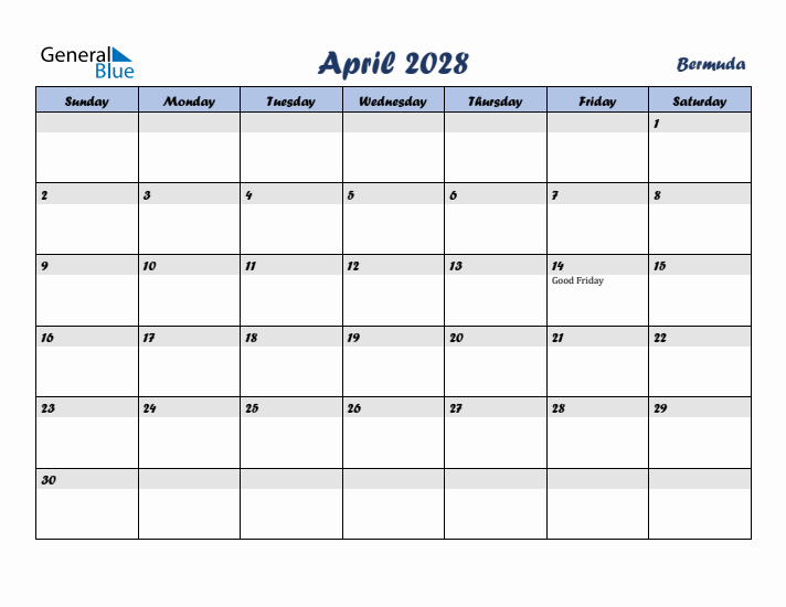 April 2028 Calendar with Holidays in Bermuda