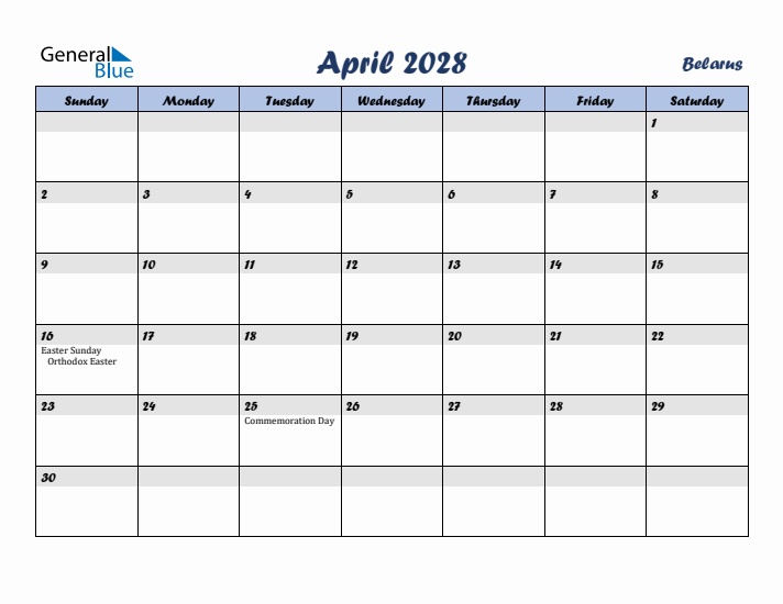 April 2028 Calendar with Holidays in Belarus