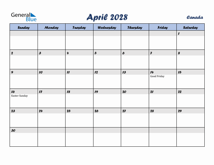 April 2028 Calendar with Holidays in Canada
