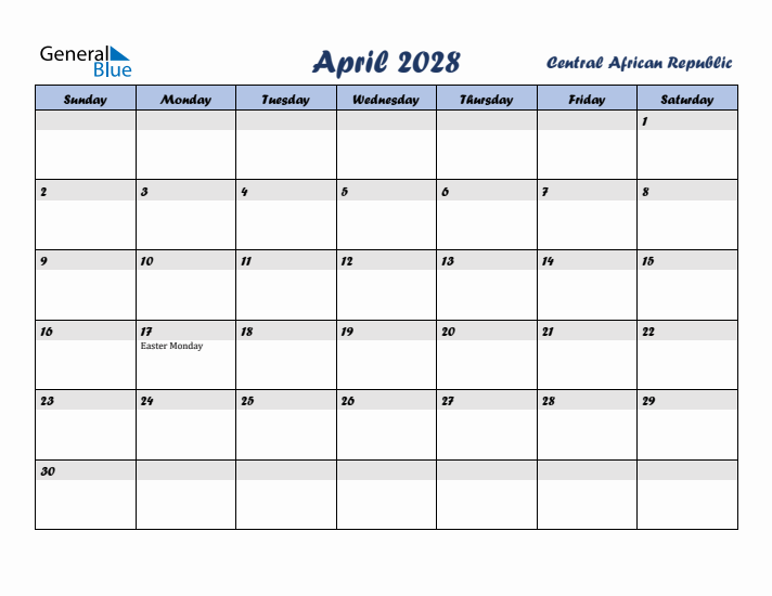 April 2028 Calendar with Holidays in Central African Republic