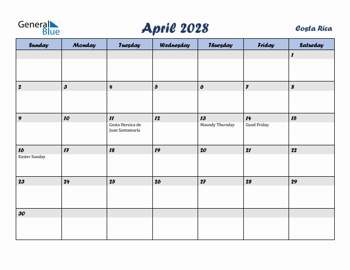 April 2028 Calendar with Holidays in Costa Rica