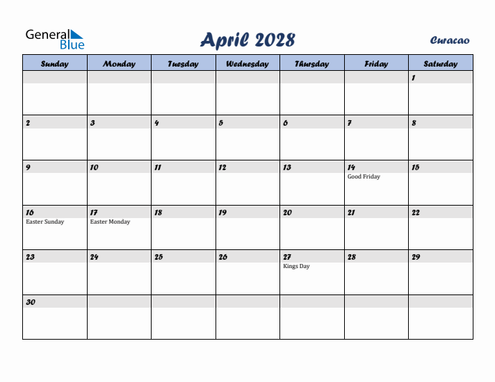 April 2028 Calendar with Holidays in Curacao