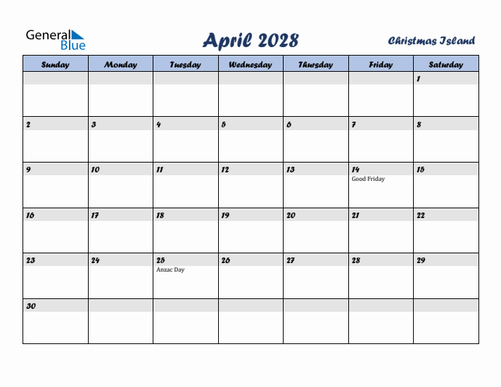 April 2028 Calendar with Holidays in Christmas Island