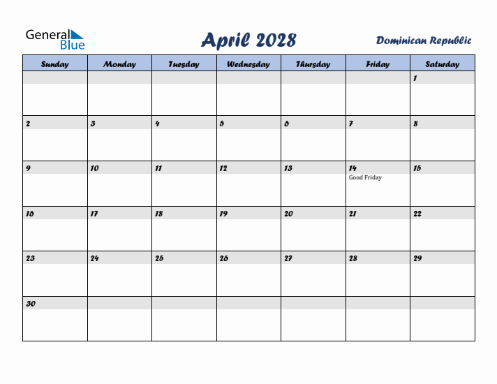 April 2028 Calendar with Holidays in Dominican Republic