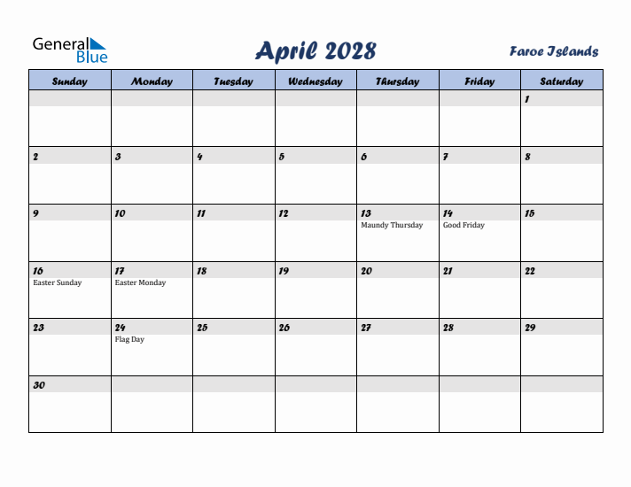 April 2028 Calendar with Holidays in Faroe Islands