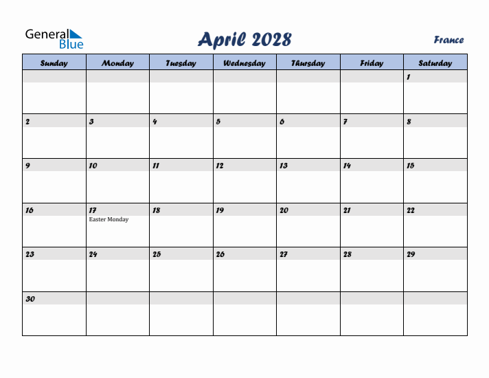 April 2028 Calendar with Holidays in France