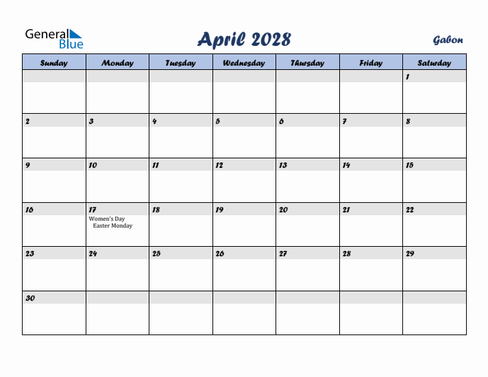 April 2028 Calendar with Holidays in Gabon